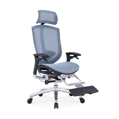 Fauteuil de bureau en maille respirante gris bleu avec accoudoirs relevables et repose-pieds réglable pour un confort ergonomique