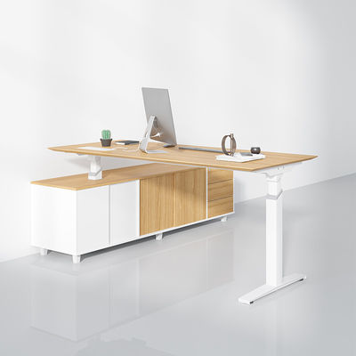 Bureau électrique à hauteur réglable en bois en forme de L