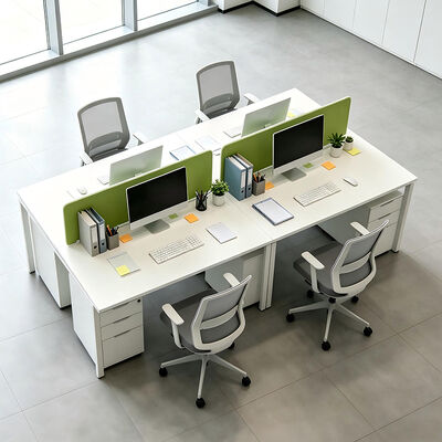 BS-WT62 Bureau de travail pour 4 personnes avec plateau en mélamine blanche et gestion des câbles